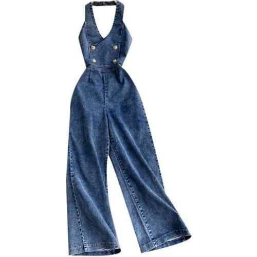 Women Buttons Jeans Jumpsuits Sleeveless Halter summer Fashion Backless Wide Leg Rompers Outfits