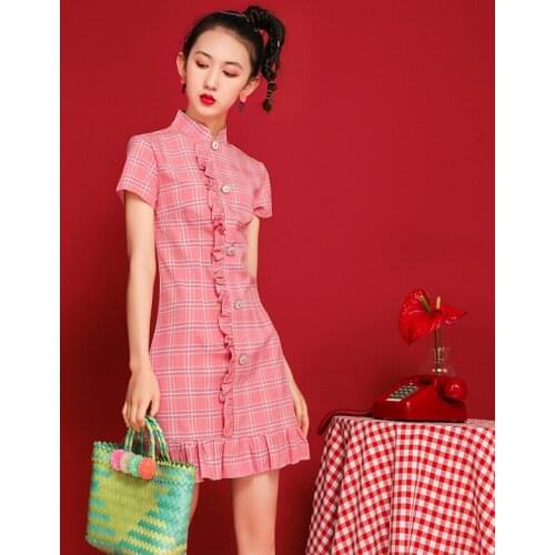 Summer new womens art plaid cheongsam young women fish tail short small daily dress