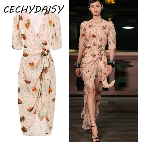 Runway 2021 Dress Women Sexy V-Neck Puff Sleeve High Waist Floral Printed High Split Chiffon Elegant Celebrity Midi Dresses Y2k