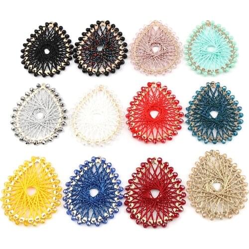 2 PCs Iron Based Alloy & Glass Drop Hollow Thread Wrapped Pendants Water Drops Charms Gold Color Black 55x 47mm For DIY Making