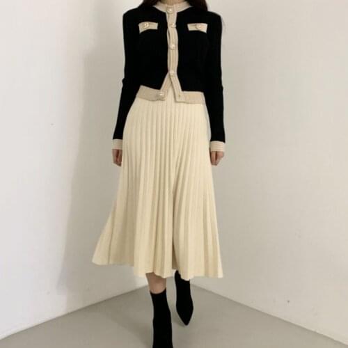 2020 Spring Autumn Knitted 2 Piece Set Chic Office Ladies Single Breasted Pearl Buttons Cardigan Sweater+Pleated Long Skirt Suit