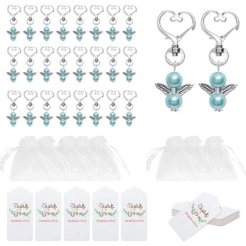 72pcs Creative Keychains Set Wedding Party Mesh Storage Pouch Key Rings Angel Wing Pendant Hanging Tag Cards Key Holder Gift