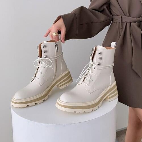 Side Zipper Women Ankle Boots Genuine Leather High Heels Cross-Tied Fashion Concise Casual Shoes Woman 2021 Autumn Winter
