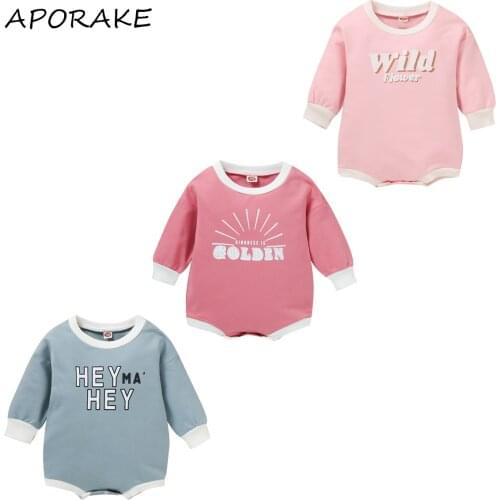 2021 0-24M Baby Boy Girl Casual Romper Letter Printed Pattern Long Sleeve Round Collar Spring Fall Romper Rosy/ Pink/ Dusty Blue