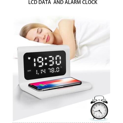 Electric LED Alarm Clock With Phone 10W QI Wireless Charger Desktop Digital Thermometer Clock HD Mirror Clock With Date