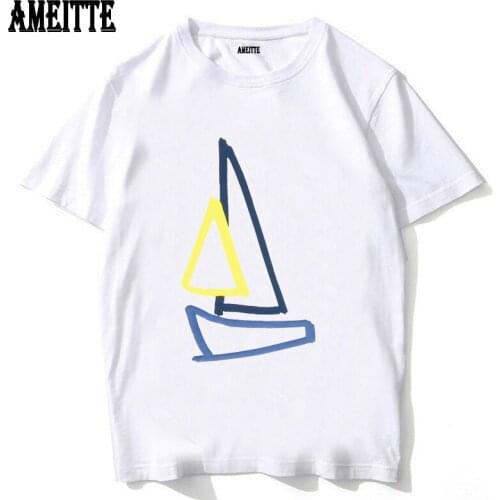 Simpleness Lines Sail Boat Print Lover Print T-Shirt New Summer Mens Short Sleeve White Clothing Hip Hop Boy Casual Tees Tops