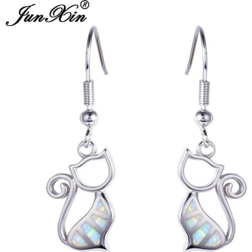 JUNXIN New Fashion White Opal Earring Silver Color Cat Earrings Double Earrings For Women Wedding Jewelry