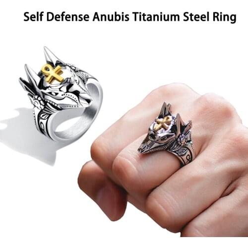 Personal Self Defense Ring Punk Anubis Egyptian Cross Beast Anti-wolf Finger Ring Titanium Steel Vintage Wolf Rings Gift