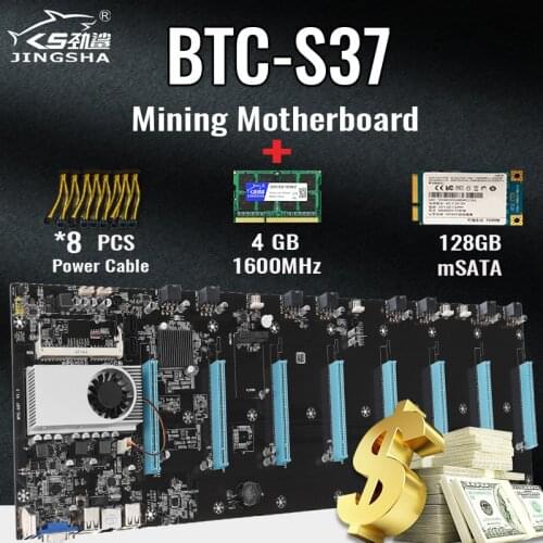 Mining Motherboard Kit with 8 GPU (65mm Interval) and CPU DDR3 Memory with 8GB DDR3 1600MHz RAM 128GB mSATA SSD 8*Power Cable
