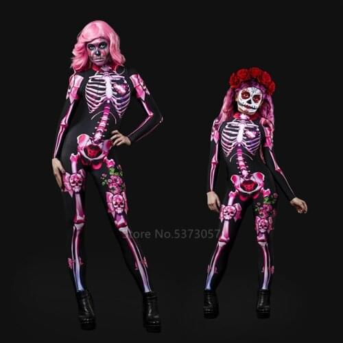 Day of The Dead Halloween Costumes for Adult Kids Scary Carnival Party Skeleton Bodysuit 3D Print Baby Girl Skull Dress