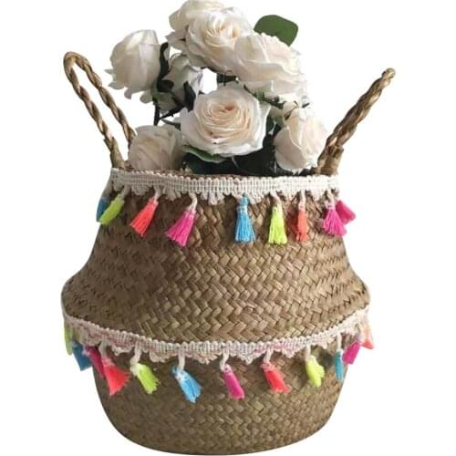 Seagrass Wicker Basket Flower Pot Folding Storage Basket Decoration fold pot Multicolor tassel Wedding decoration flower Basket