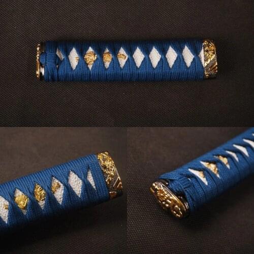 Delicate Handle Sword Fitting Tsuka Blue Silk Ito & Imitated White Rayskin & Alloy Fuchi Kashira for Japanese Tanto Nice Gift