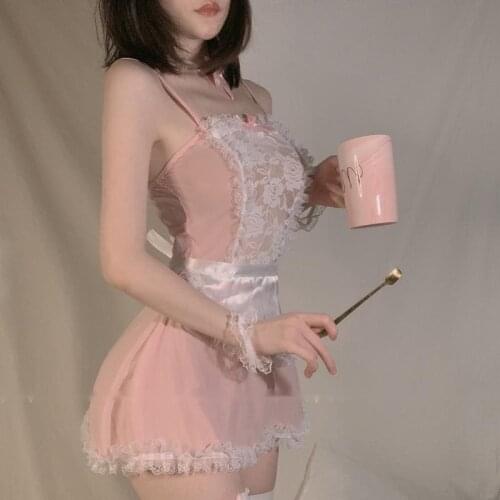 WOMENGAGA New pink Transparent Sexy Lace Mesh Bowknot Maid Bow Sexy Lingerie Ladies Uniform Maid Mini Dress Exotic Dresses K8JC