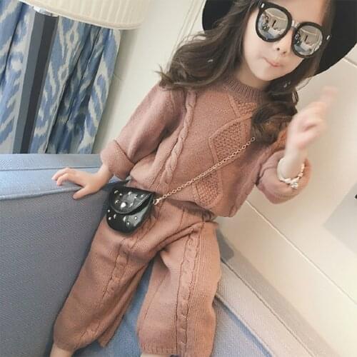 Autumn winter sweater knitted suit girl clothes and trousers warm Suit Girls' baby knitted sweater top + pants 2-piece set