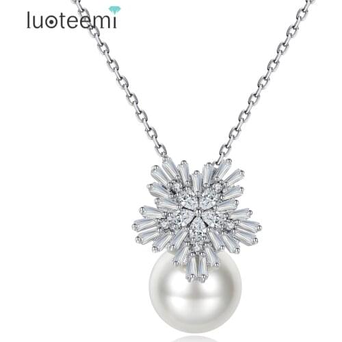 LUOTEEMI European Style Flower Jewelry Clear CZ Imitation Pearl Pendant Necklace Women Zircon Chain Wedding Necklace Jewelry