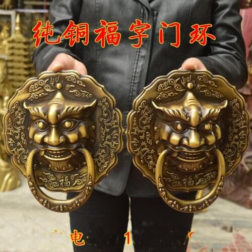 A pair # LARGE # HOME Courtyard gate TOP decoration exorcise evil spirits FENG SHUI brass lions Door handle
