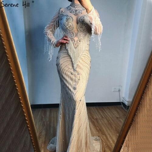 Luxury Mermaid Long Sleeves Silver Nude Beading Tassel Evening Dresses High Neck Formal Gowns Serene Hill 2020 BLA70525