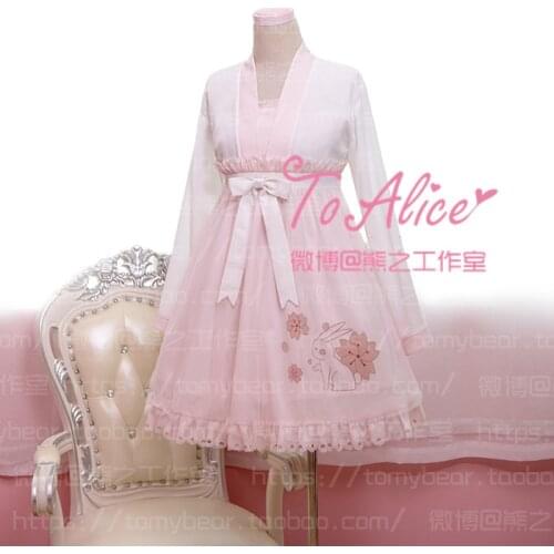 Sakura Rabbit Chinese Style Pink Dress Blossom Bunny RuQun Mori Girl Cute Lolita Dress One Piece