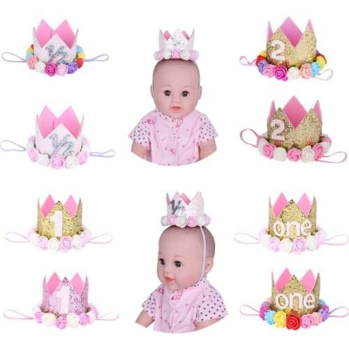 Infant Baby Birthday Cap Flower Crown 1/2 1 2 Birthday Sequin Hat Newborn Baby 1 Year Birthday Party Decorations Photo Props Hat