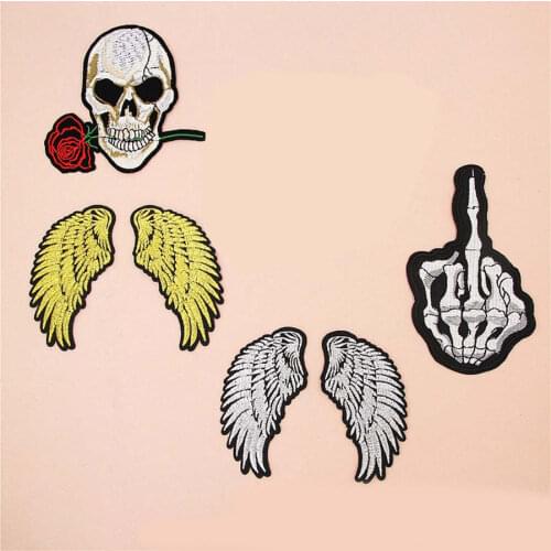 Fabric Embroidered Skull Rose Wing Patch Clothes Sticker Bag Sew Iron On Applique DIY Apparel Sewing Clothing Accessories BU138
