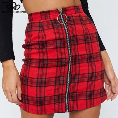 Bella Philosophy Spring High Waist Mini Skirts Vintage Zipper Female Plaid Skirts Casual Street Wear Lady A-Line Skirts Bottoms