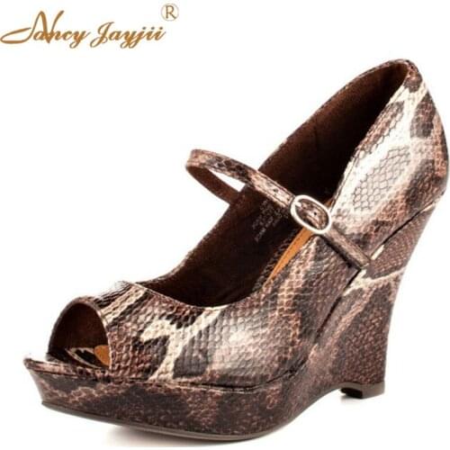 Women Shoes Ladies Pumps Snake Print Platform Wedges Mary Janes Super High Heels Sexy Dress Party Novelty Peep Toe Open 2019