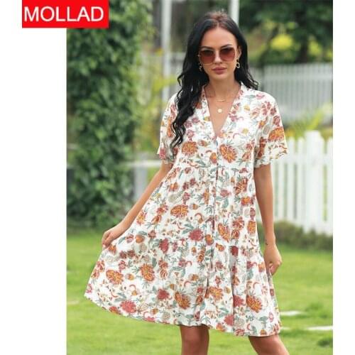 European and American Womens Clothing 2021 Spring/Summer New Sexy V-neck Fashion Printed Single-Breasted Dress for Women