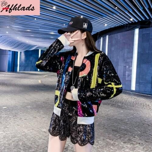2021Sequins Casual Long Sleeve Women Stand Collar High Waist Jacket OuterwearSpring and Autumn New Fashion Jacket