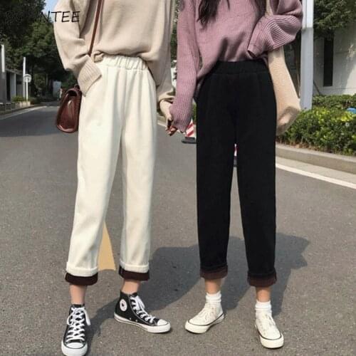 Pants Women High Waist Elastic Simple Pocket Korean Style Winter Thicker Womens Warm Harem Long Trousers Female All-match 2020