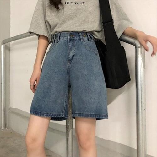 Womens denim shorts high waist button Five-point high waist shorts 2021 harajuku denim fold wide legs blue female clothing