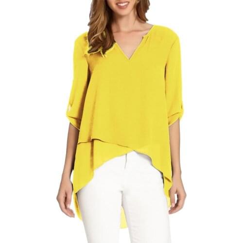 Women Shirts Summer Fashion Plus Size Solid Color Women V Neck 3/4 Sleeve Irregular Cross Hem Blouse Top рубашка женская