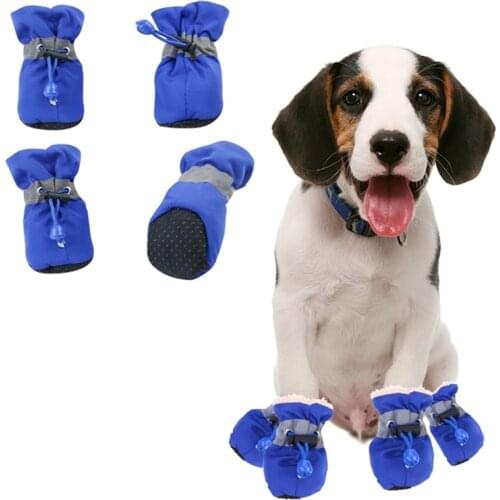 4PCS/Set Pet Dog Shoes Winter Waterproof Anti-slip Rain Snow Boots Thick Warm Cat Dog Footwear Convenient Drawstring Puppy Shoes