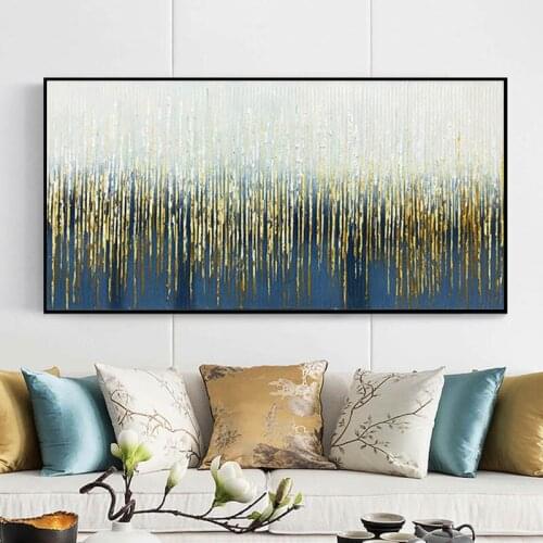 Gold Abstract Handmade Canvas Painting Blue Wall Art Pictures For Living Room Home Decoration Acrylic Texture
