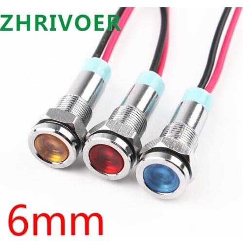 1pcs 6mm 6V 12V 24V 220v Flat head LED Metal Indicator light 6mm waterproof Signal lamp with wire red yellow blue green white