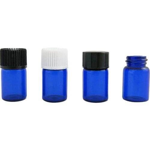 2ml Empty Mini Blue Glass Bottle With Plastic Screw Cap Orifice Reducer Black Cap Essential Oil Sample Vial Container