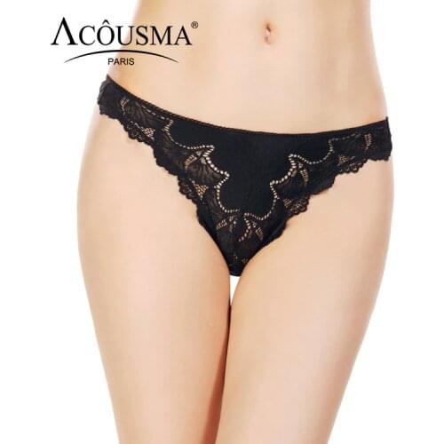 ACOUSMA Women Floral Lace Hollow Out Panties Sexy T Back Thongs Transparent Lingerie Comfortable Underwear Black White Beige