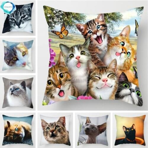 Animal Polyester Throw Decorative Pillow Cover Cute Cat Cushion Cover Cat and Butterfly Pillow Case for Sofa Home Chair 45x45cm