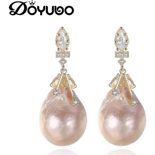 DOYUBO European Womens Heteromorphic Freshwater Pearl Drop Earrings Pink Water Drop Pearl Long Earrings Fashion Jewelry VC227