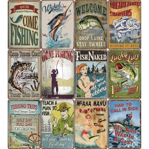 Gone Fishing Vintage Metal Tin Signs Bar Pub Home Decor Animal Wall Decoration Iron Painting Fish Retro Plaque Art Poster