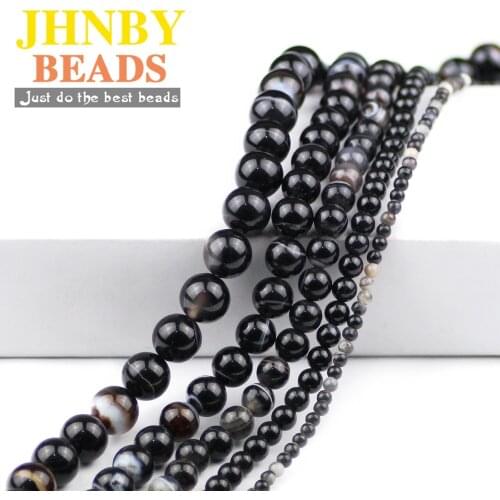 JHNBY AAA Natural Stone Black Stripe Banded Carnelian Beads 4/6/8/10/12MM Black Onyx Round Loose Beads for Jewelry Making DIY