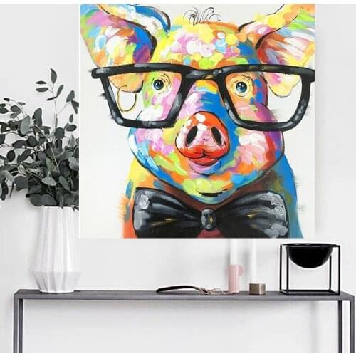 Handmade wall oil painting of lovely pig wear the glasses animal oil paintings for living room decoration