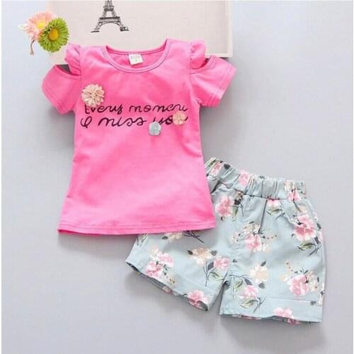 1 2 3 4 5 Year Toddler Girls Clothes Summer Casual Children Clothing Set Letter Flower Shirt Shorts Girl Suits Kids Outfits