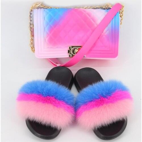 Womens Slippers And Bag Set 100% Fox Fur Slippers PVC Color Spray Paint Bag Soft Shoes Fashion Exquisite Bag
