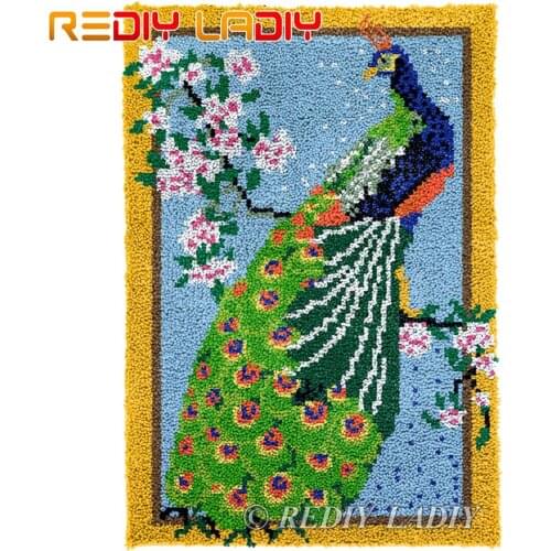 Latch Hook Kits Green Peafowl Chunky Yarn Embroidery Crocheting Tapestry Kits Needlework Arts & Crafts DIY Carpet Rug 58*85cm