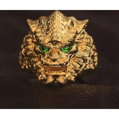 LINSION Chinese Style Lion Ring Green Eyes Charms Gold Plated Brass Jewelry GP268 US Size 7~15