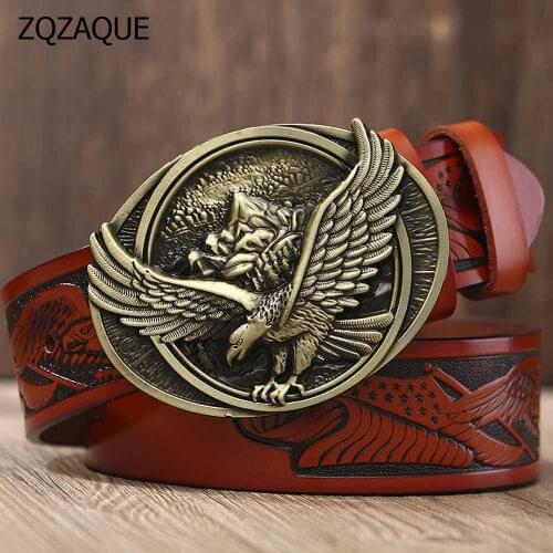 MEN 100% Genuine Leather Belts Fashion Eagle Pattern Pin Buckle Straps Retro Style All-match jeans Waistbands Males Belt YJ10-1