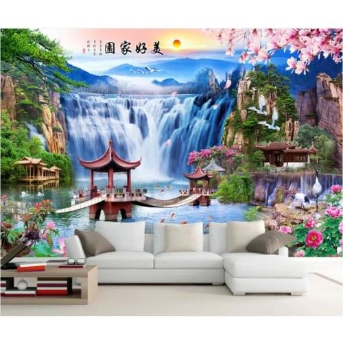 WDBH Custom photo mural 3d wallpaper Chinese mountain waterfall lake bridge background 3d wall murals wallpaper for living room