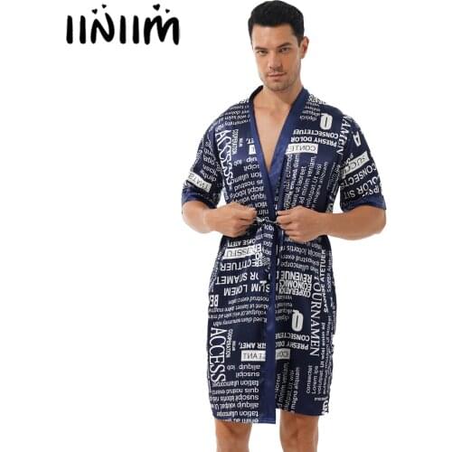 Mens Striped/Letter Print Belted Night-robe Nightwear Satin Robes Sleepwear Open Front Bathrobe Short Sleeve Sleep Loungewear