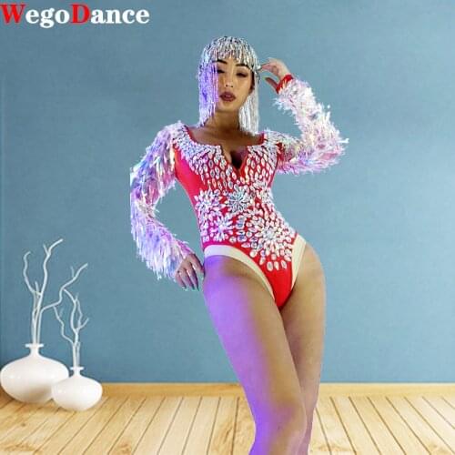 New Red Rhinestones Fringe Bodysuit Birthday Long Sleeves Dance Bar Women Singer Dancer Costume Customized