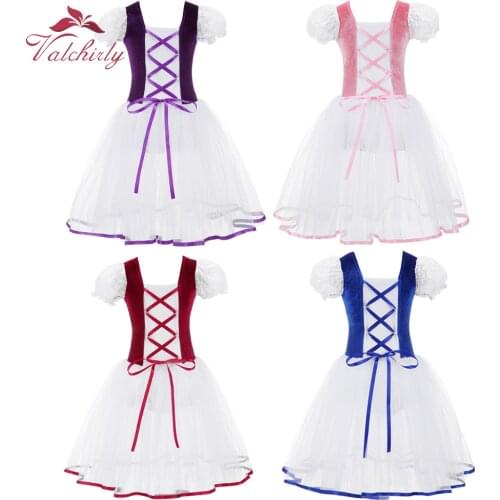 New Professional Girls Ballet Tutu Dress Velvet Body Mesh Skirt Short Puff Sleeves Kids Dance Gymnastics Leotard Costumes